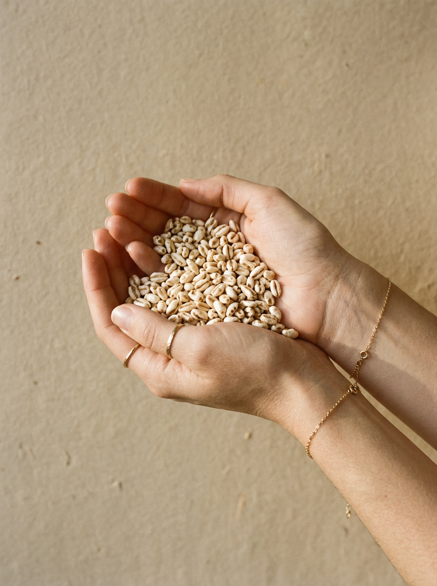 Hände mit gepufftem Bio-Dinkel