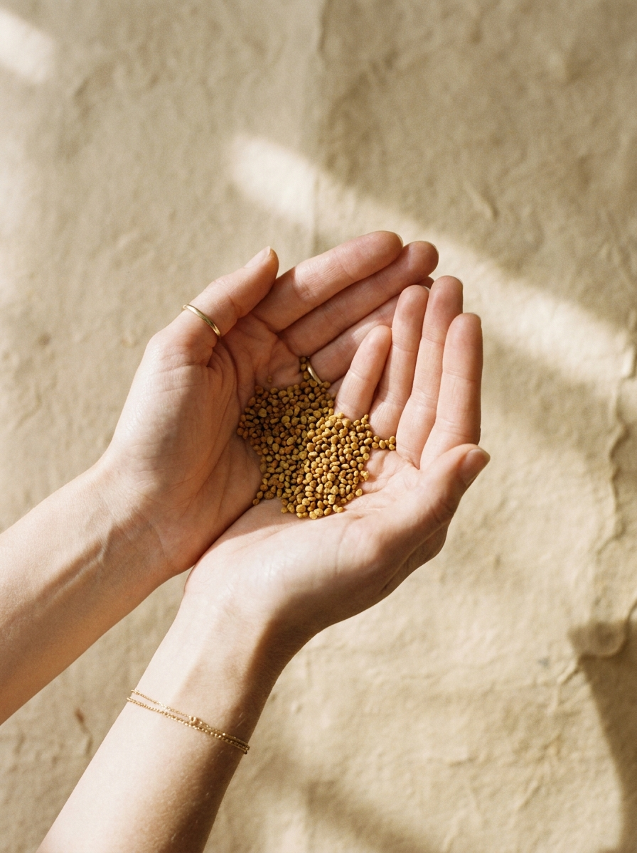 Hände halten goldene Blütenpollen