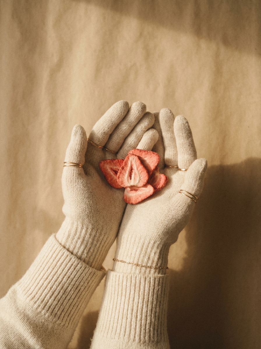 Erdbeeren gefriergetrocknet in der Hand – editorial