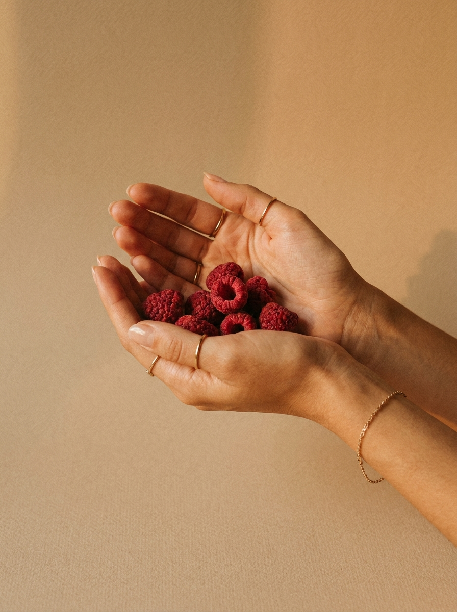 Himbeeren gefriergetrocknet in der Hand – editorial