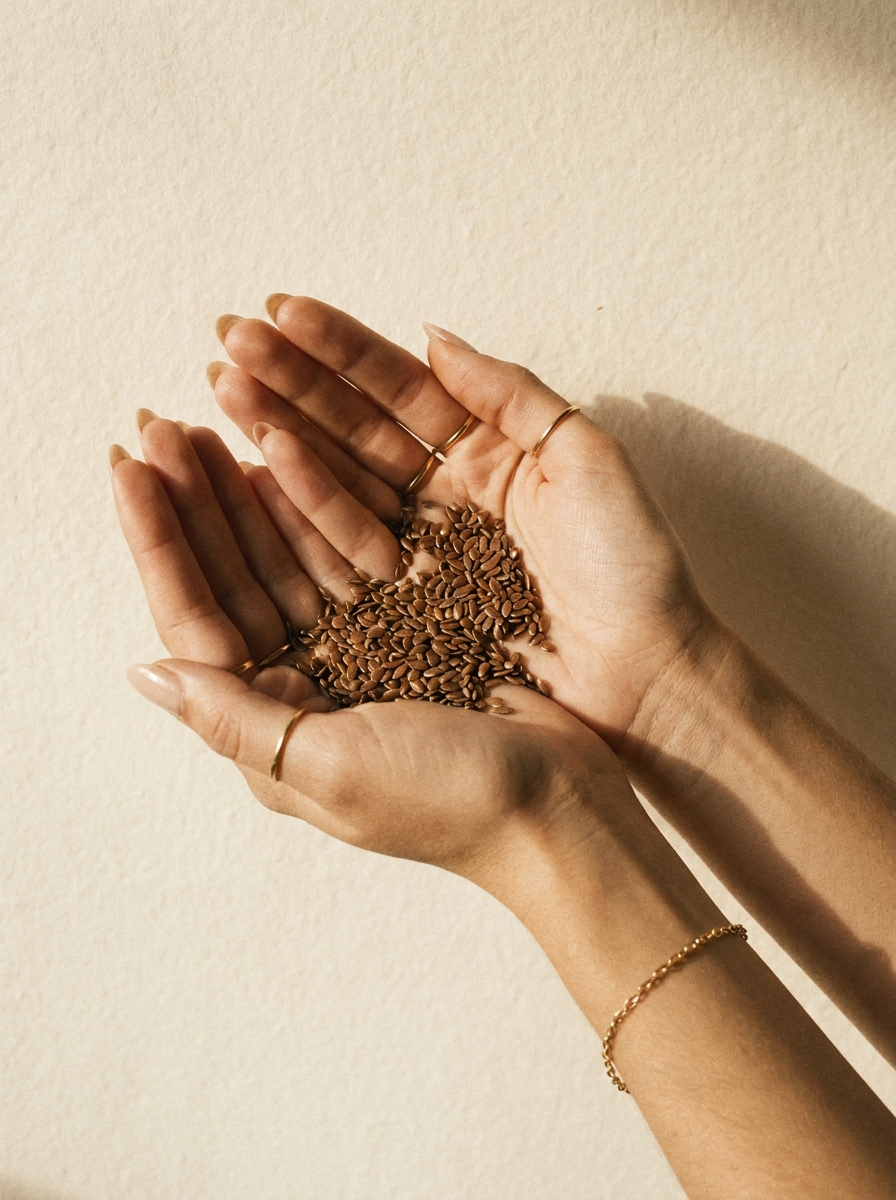 Leinsamen Bio in der Hand – editorial