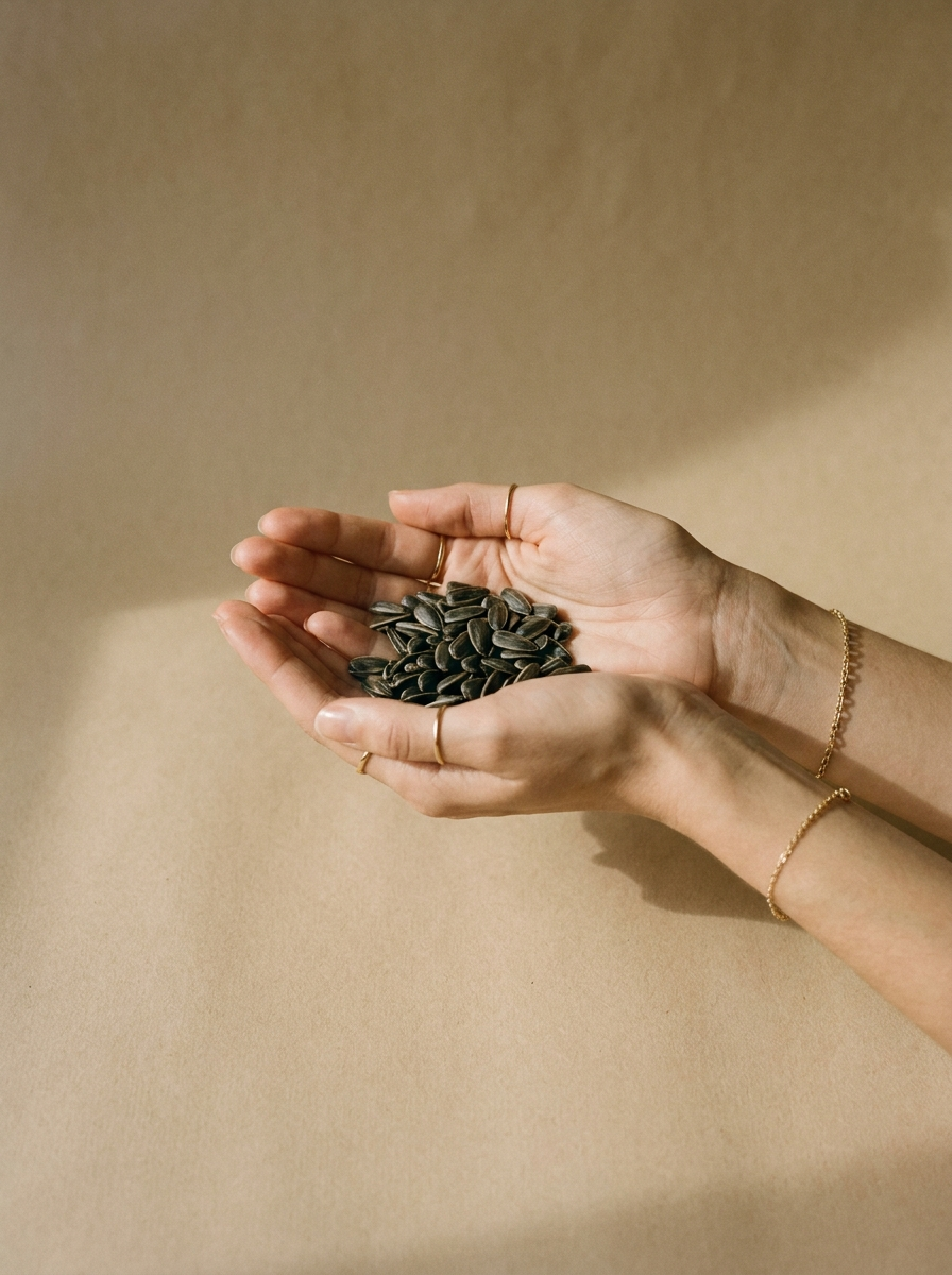 Sonnenblumenkerne Bio in der Hand – editorial