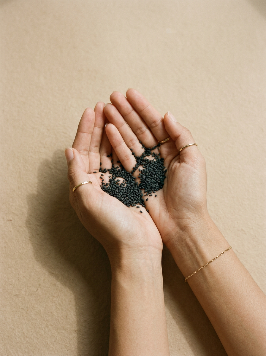 Sesam schwarz Bio in der Hand – editorial