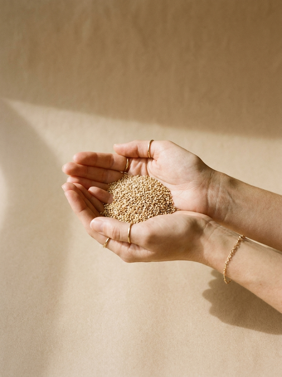 Sesam natur Bio in der Hand – editorial