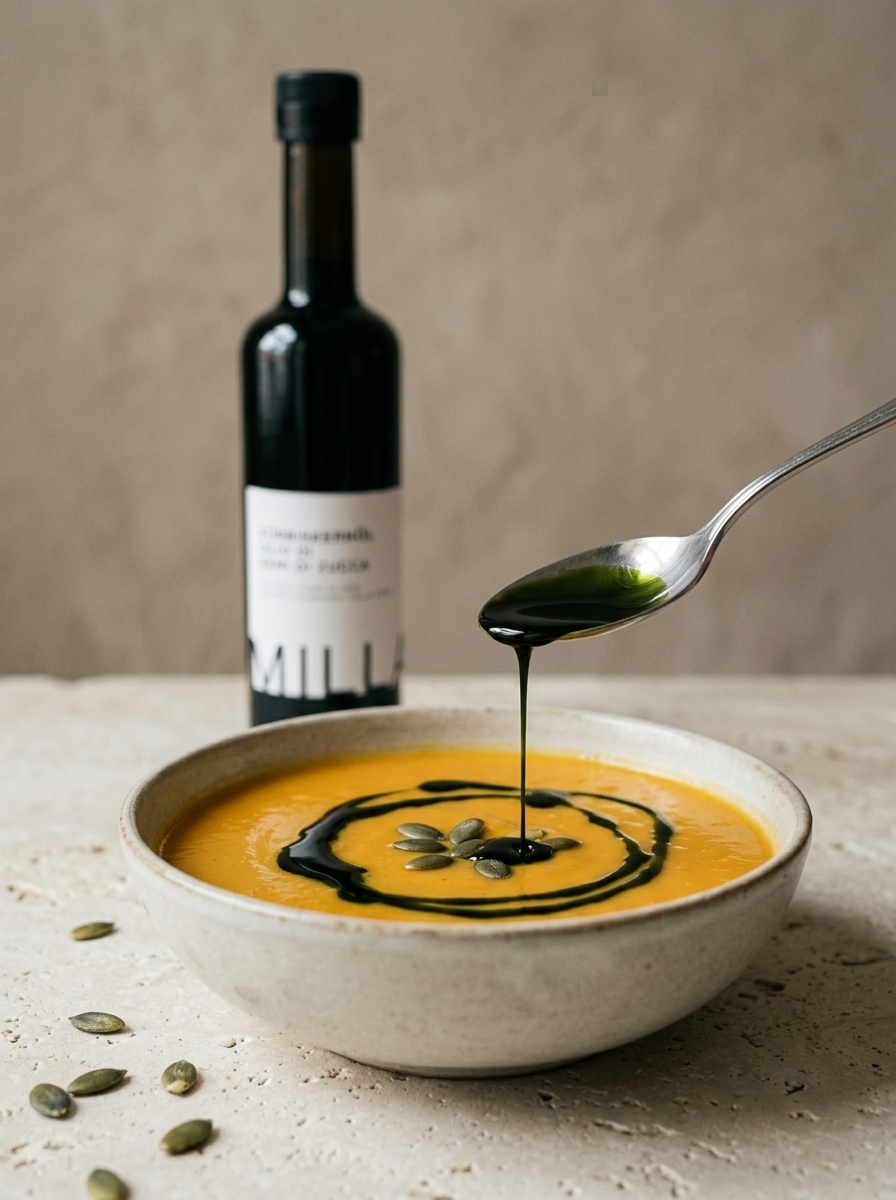 MILLA Kürbiskernöl 500 ml – über Kürbissuppe