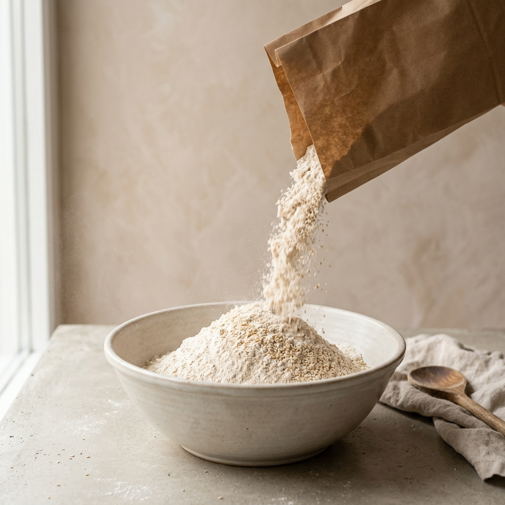 Backmischung Dinkel-Sesam Brot wird in eine Schüssel gefüllt
