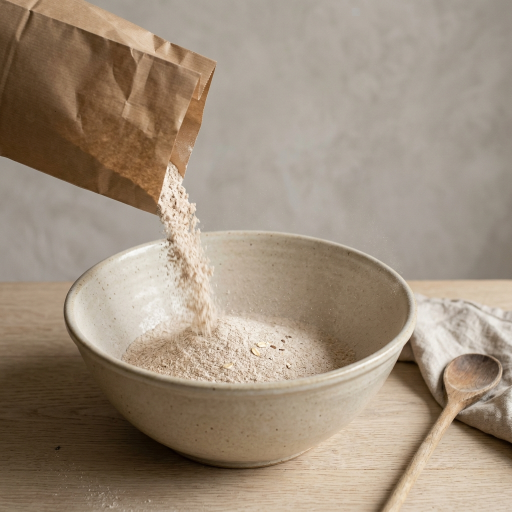 Backmischung Vollkornbrot wird in eine Schüssel gefüllt