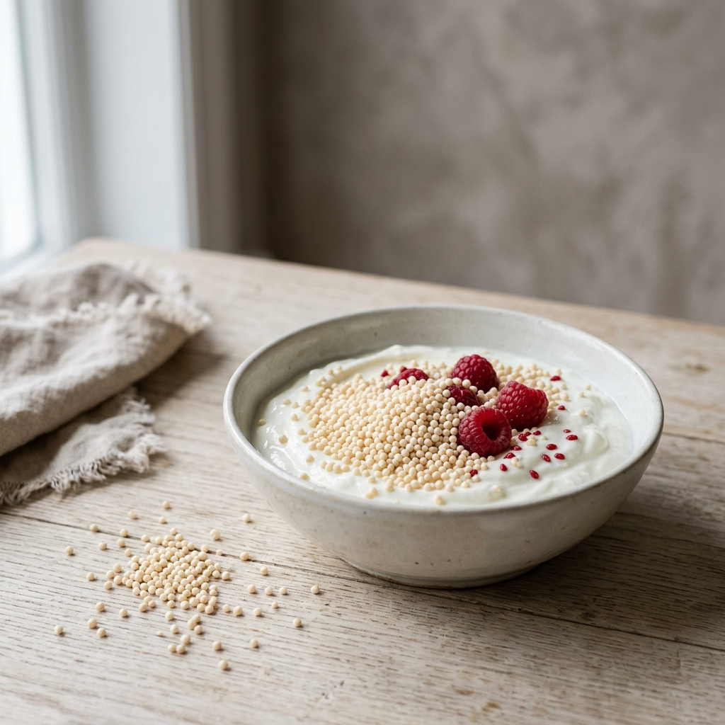 Protein Crispies über Joghurt mit Himbeeren