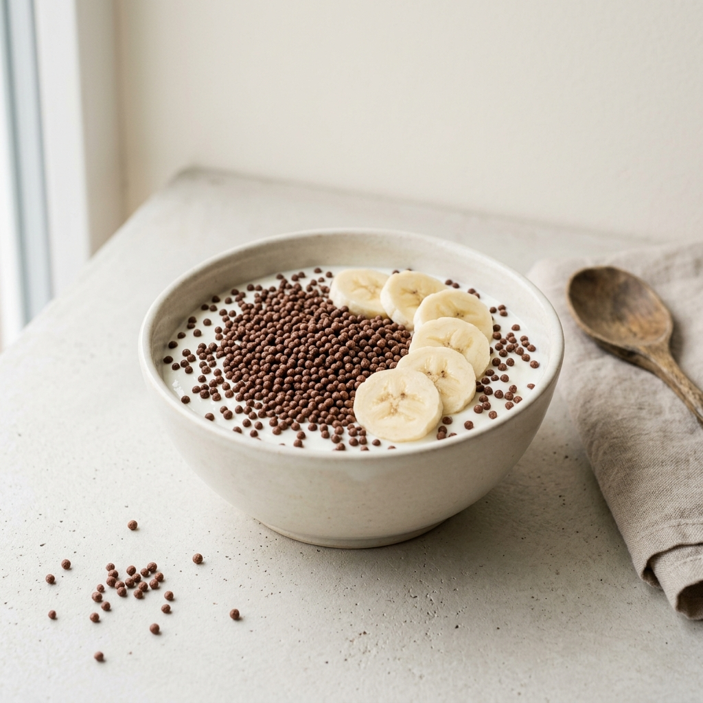 Protein Crispies Kakao über Joghurt mit Banane