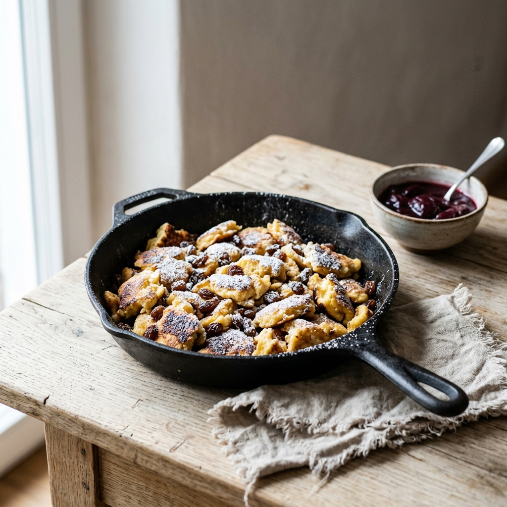Kaiserschmarrn mit Sultaninen in der Eisenpfanne