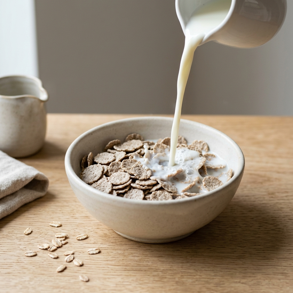 Dinkelflakes in der Schüssel mit Milch