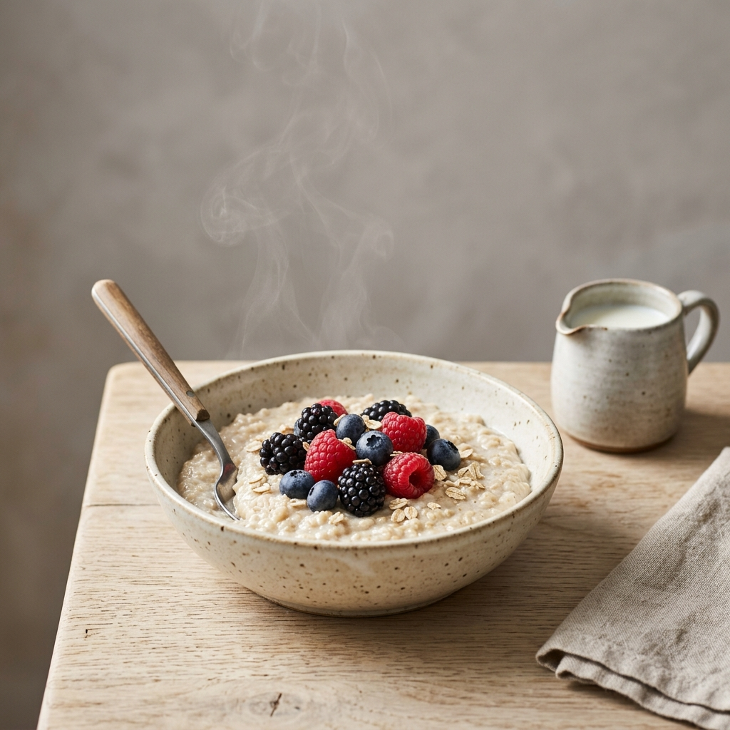 Beeren Porridge in der Schüssel mit frischen Beeren