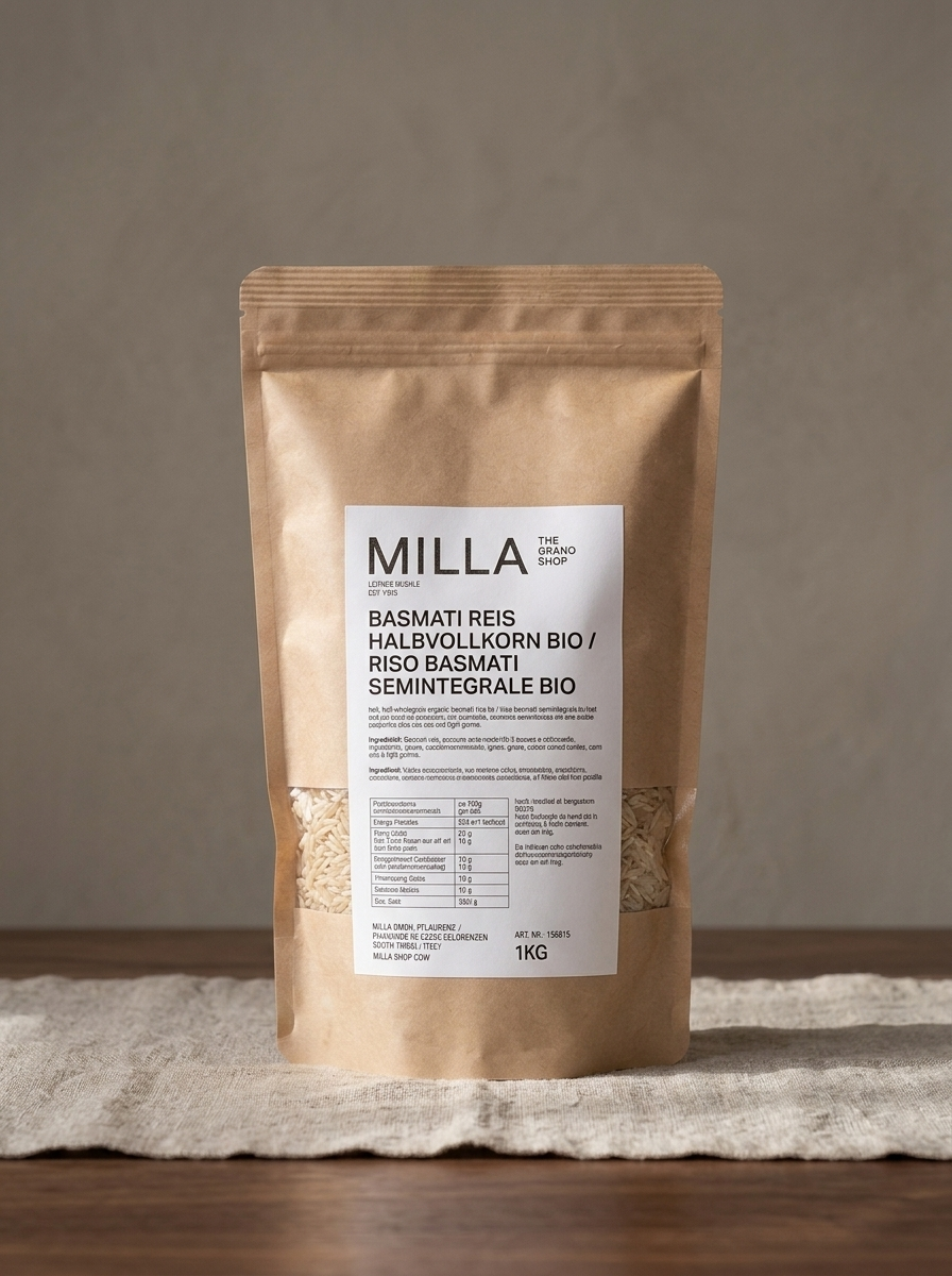 Basmati Reis Halbvollkorn Bio 1 kg - MILLA Standbodenbeutel