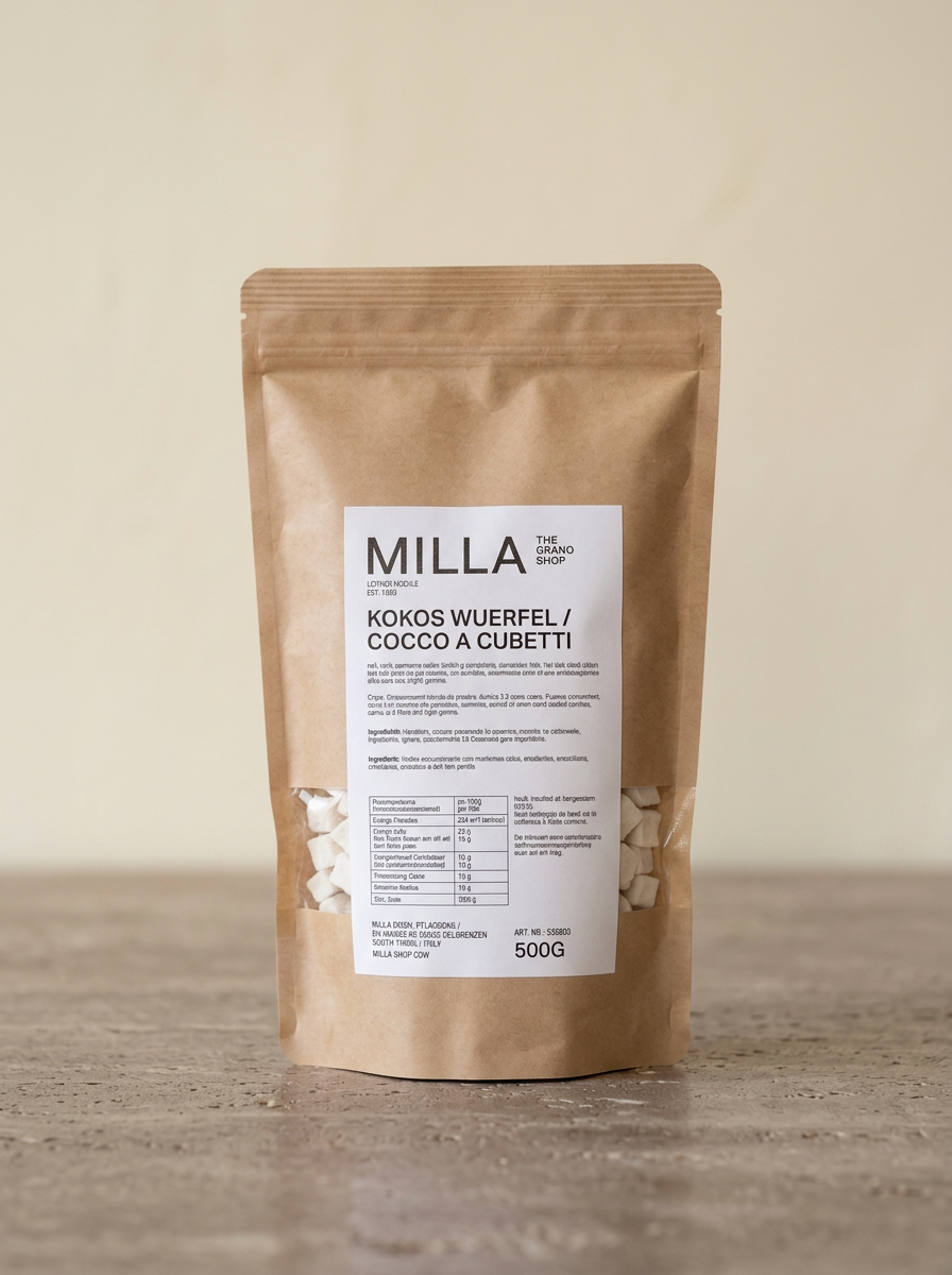 Kokos Wuerfel 500 g - MILLA Standbodenbeutel