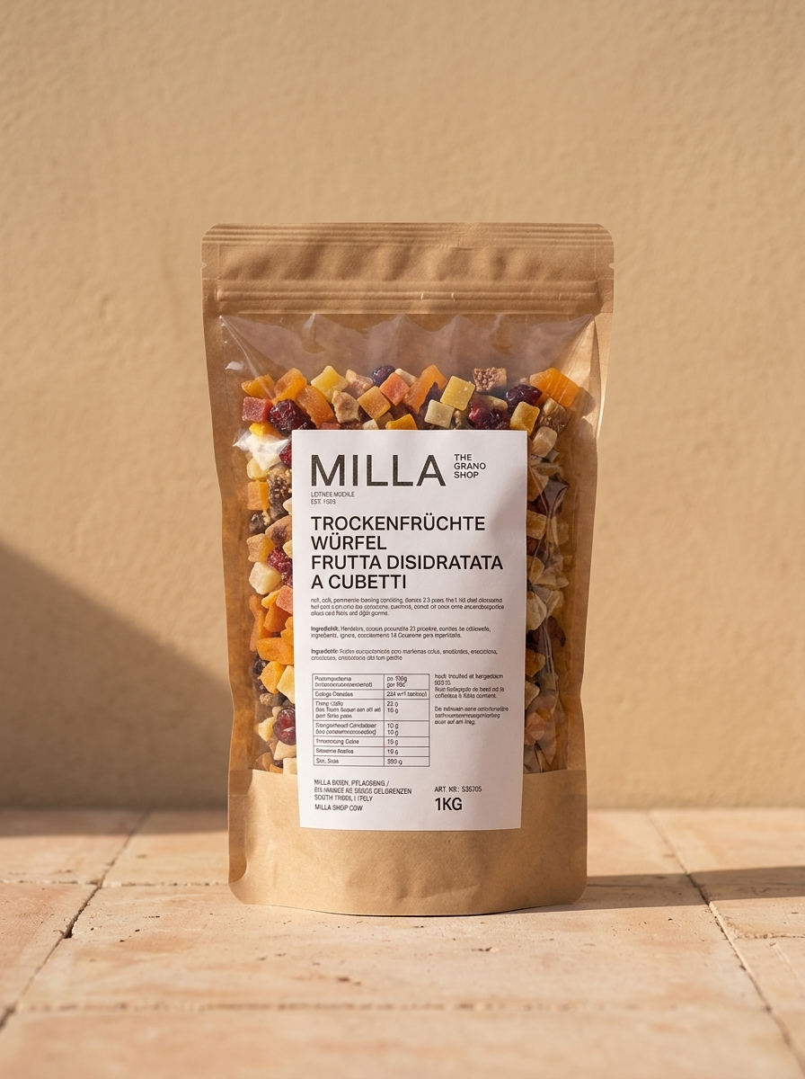 Trockenfruechte Wuerfel 1 kg - MILLA Standbodenbeutel