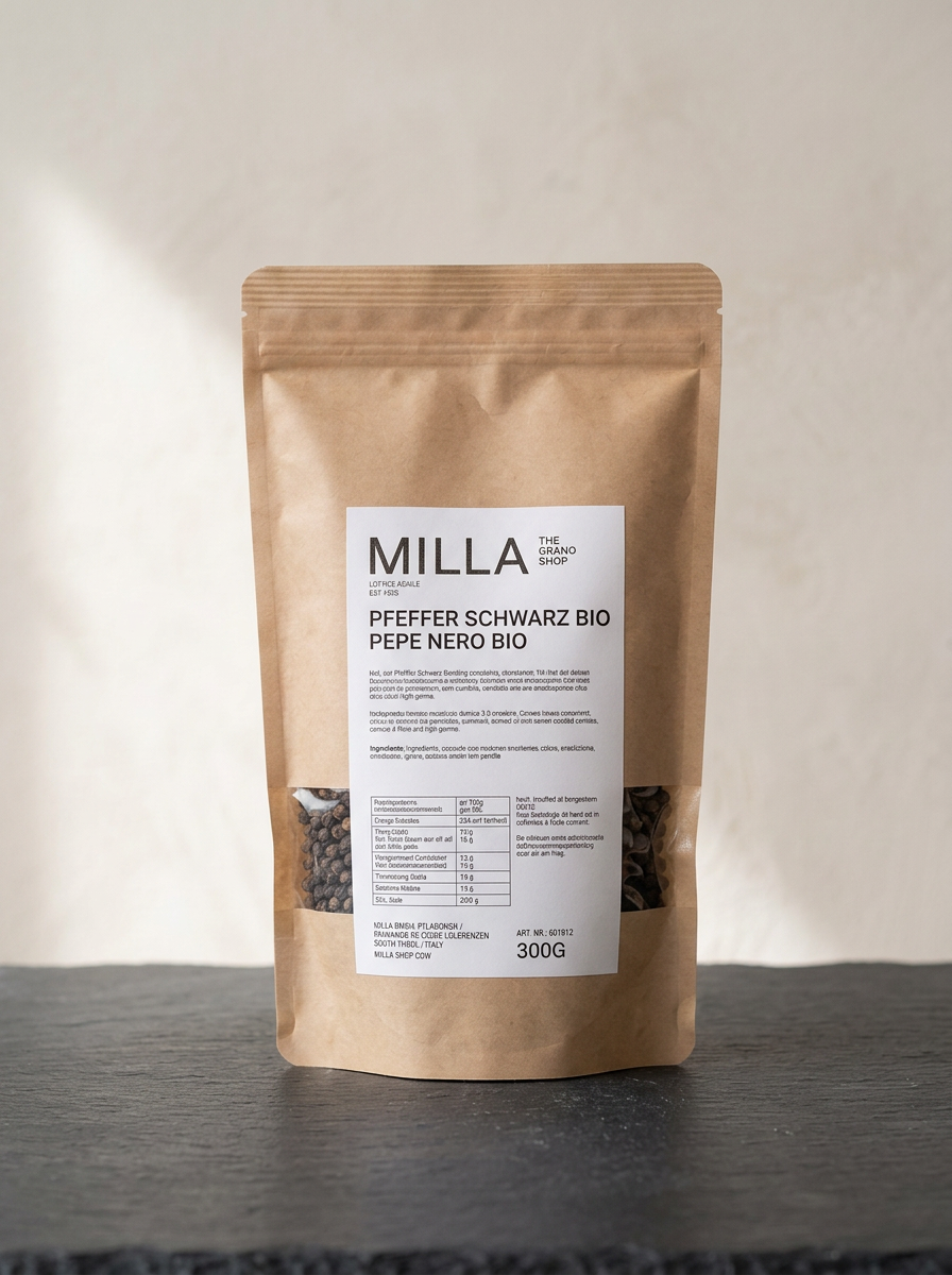 Pfeffer schwarz Bio 300 g - MILLA Standbodenbeutel